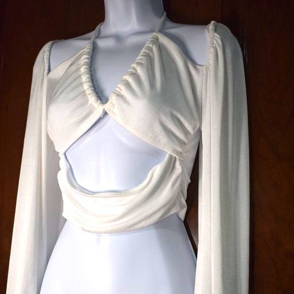 Gab & Kate White Off Shoulder Blouse Medium Tie Front Sexy V Neck Top - Picture 5 of 12